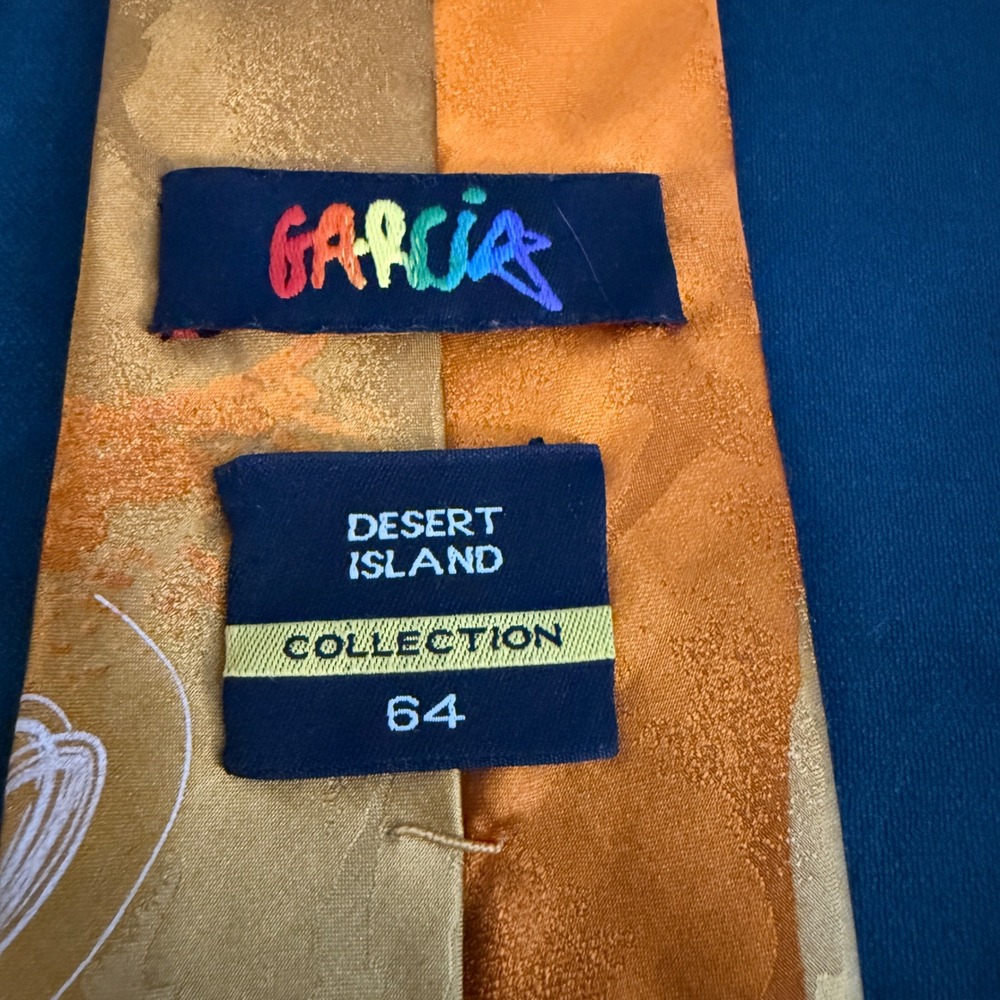 Garcia Desert Island Collection 64‎ 100% Silk Abstract Print Tie Orange Gold - Picture 5 of 10